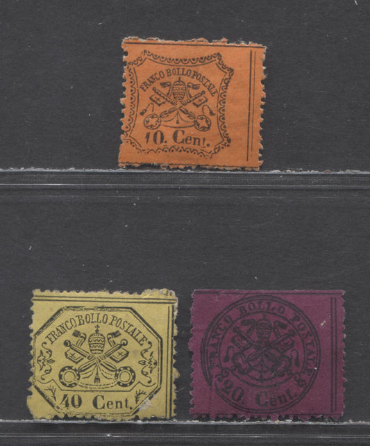 Lot 89 Roman States - Italian States SC#22,23b,24 1868 Perforated Papal Arms, Genuine Examples, 3 VG Unused Singles, Click on Listing to See ALL Pictures, Estimated Value $19 USD