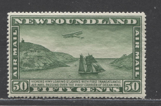 Lot 9 Newfoundland #C7 50c Green Airplate & Packet Ship, 1931 Pictorial Airmail Issue, A VFOG Single With Line Perf 14.3 x 14