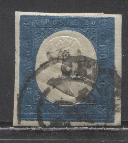 Lot 93 Sardinia - Itailian States SC#8 20c Blue 1854 Victor Emmanuel II Issue, Nice Margins, A Very Good Used Single, Click on Listing to See ALL Pictures, Estimated Value $40 USD