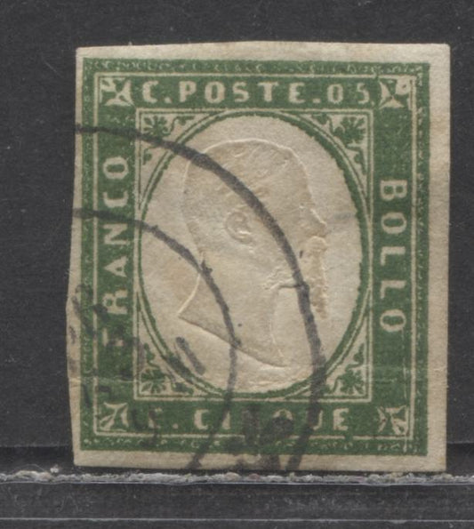 Lot 93a Sardinia - Itailian States SC#10 5c Green 1855-1863 Victor Emmanuel II Issue, A F/VF Used Single, Click on Listing to See ALL Pictures, Estimated Value $8 USD