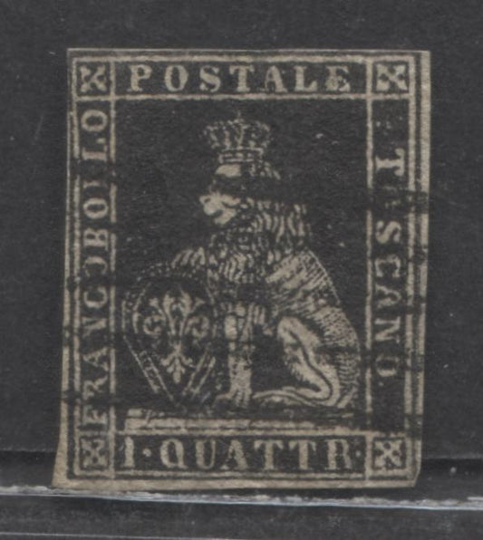 Lot 94 Tuscany - Italian States SC#10 1q Black 1857-1859 Lion Of Tuscany Issue, A Fine Used Single, Click on Listing to See ALL Pictures, Estimated Value $460 USD