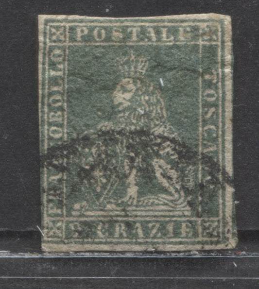 Lot 95 Tuscany - Italian States SC#13b 2cr Yellowish Grey Green 1857-1859 Lion Of Tuscany Issue, A VG-F Used Single, Click on Listing to See ALL Pictures, Estimated Value $65 USD