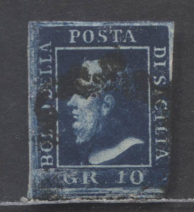 Lot 97 Sicily - Italian States SC#16 10g Dark Blue 1859 King Ferdinand II Issue, Oversize Margins On 3 Sides, But Cut In At LR, A Very Good Used Single, Click on Listing to See ALL Pictures, Estimated Value $110 USD