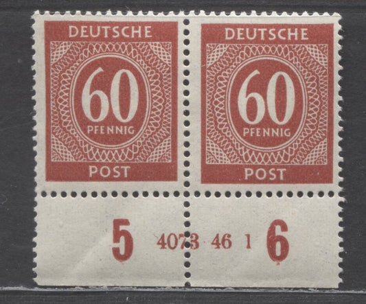 Lot 5 Germany MI#933HAN (SC# 552) 60pf Red 1946 Numerals Issue, Plate 4073.46-1, A FNH Plate Pair, Click on Listing to See ALL Pictures, Estimated Value $50