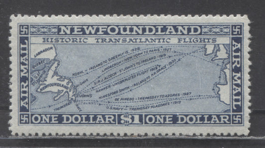 Lot 51 Newfoundland #C11 $1 Blue Historic Transatlantic Flights, 1931 Pictorial Airmail Issue, A VFOG Single, Perf 14.3, Watermarked