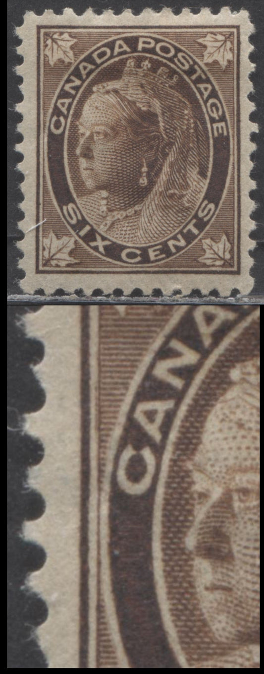 Lot 53 Canada #71 6c Brown Queen Victoria, 1897-1898 Maple Leaf Issue, A VFOG Single On Vertical Wove Paper With Heavy Hinge Remnant & Misplaced Entry In Upper Left Frameline