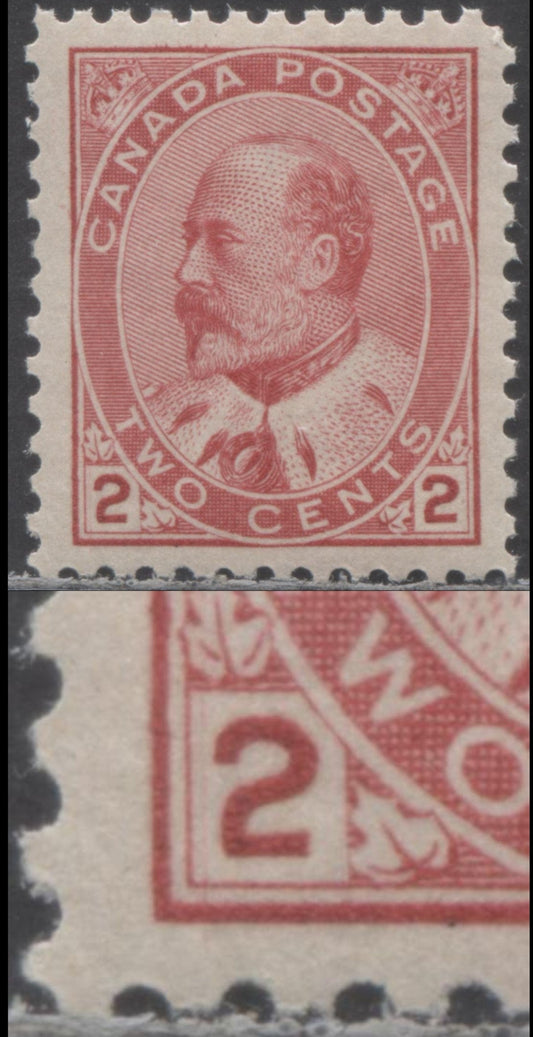 Lot 56 Canada #90var 2c Carmine King Edward VII, 1903-1908 King Edward VII, A VFNH Single With Vertical Scratch Through Left Numeral Box