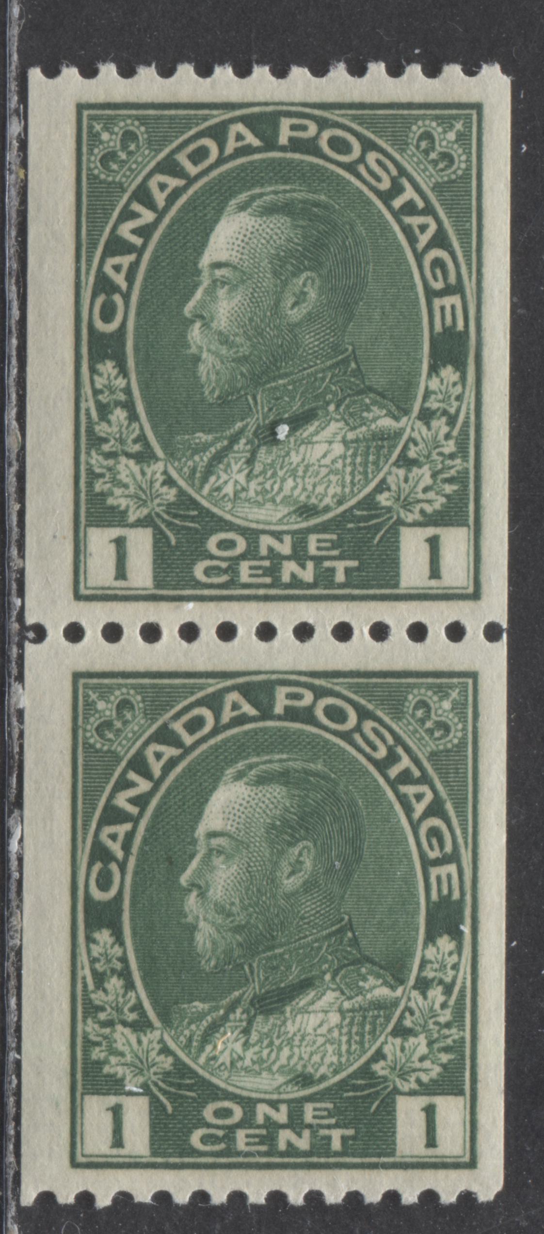 Lot 58 Canada #131 1c Dark Green King George V, 1915-1924 Admiral Coil Issue, A VFNH Coil Pair, Perf 12 Horizontal