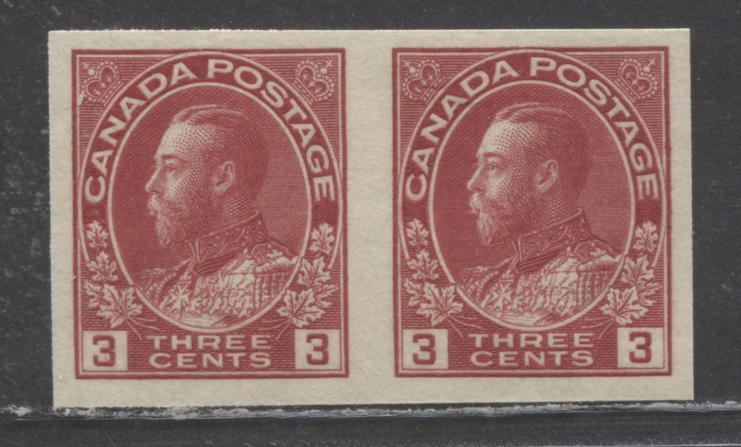 Lot 59 Canada #138 3c Carmine King George V, 1924 Admiral Imperforate Issue, A VFNH Imperf Pair