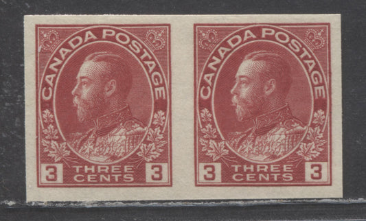 Lot 59 Canada #138 3c Carmine King George V, 1924 Admiral Imperforate Issue, A VFNH Imperf Pair