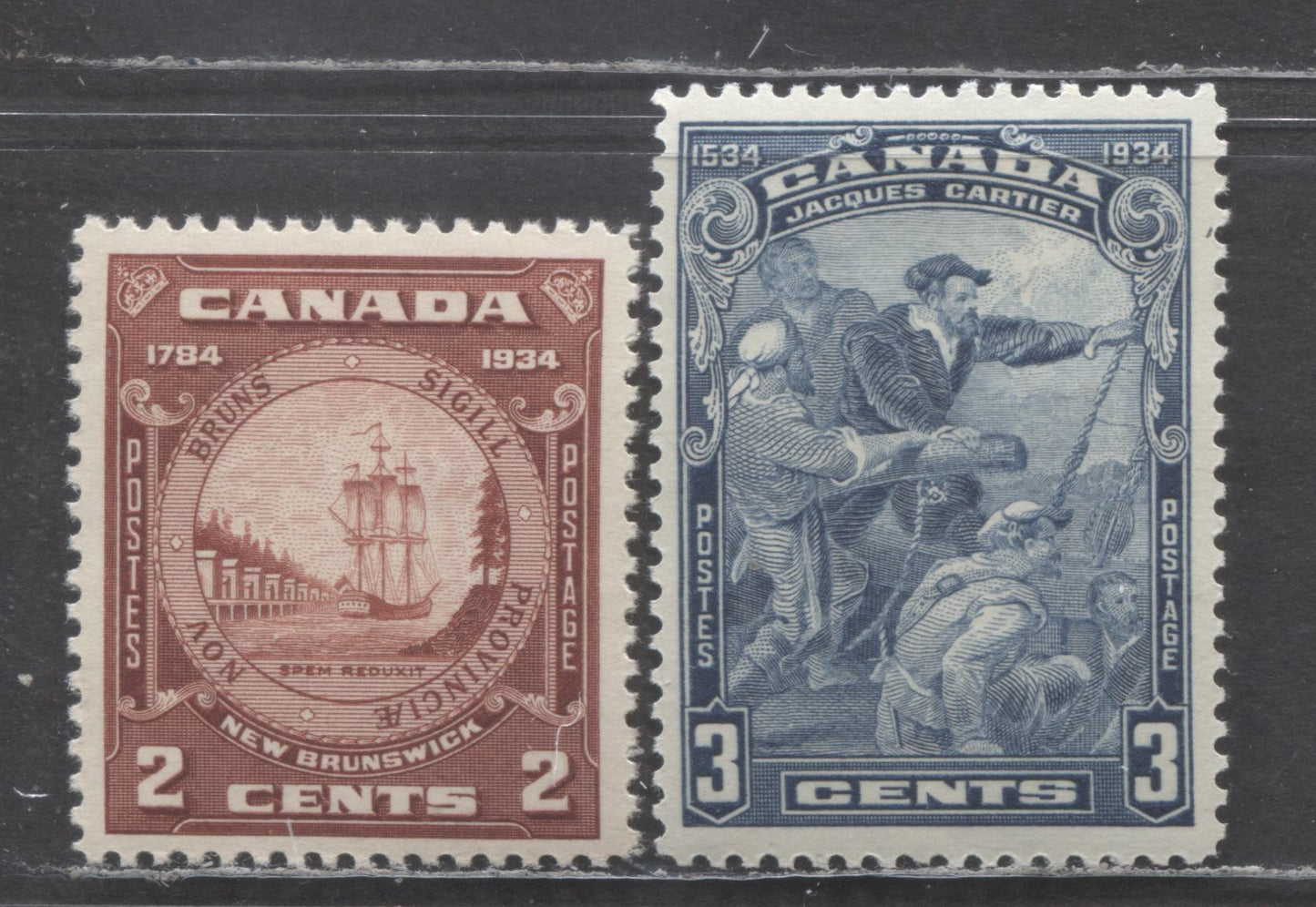 Lot 63 Canada #208, 210i 2c & 3c Blue & Red Brown Jacques Cartier & New Brunswick Seal, 1934 Jacques Cartier & New Brunswick Issues, 2 VFNH Singles With Closed Frameline