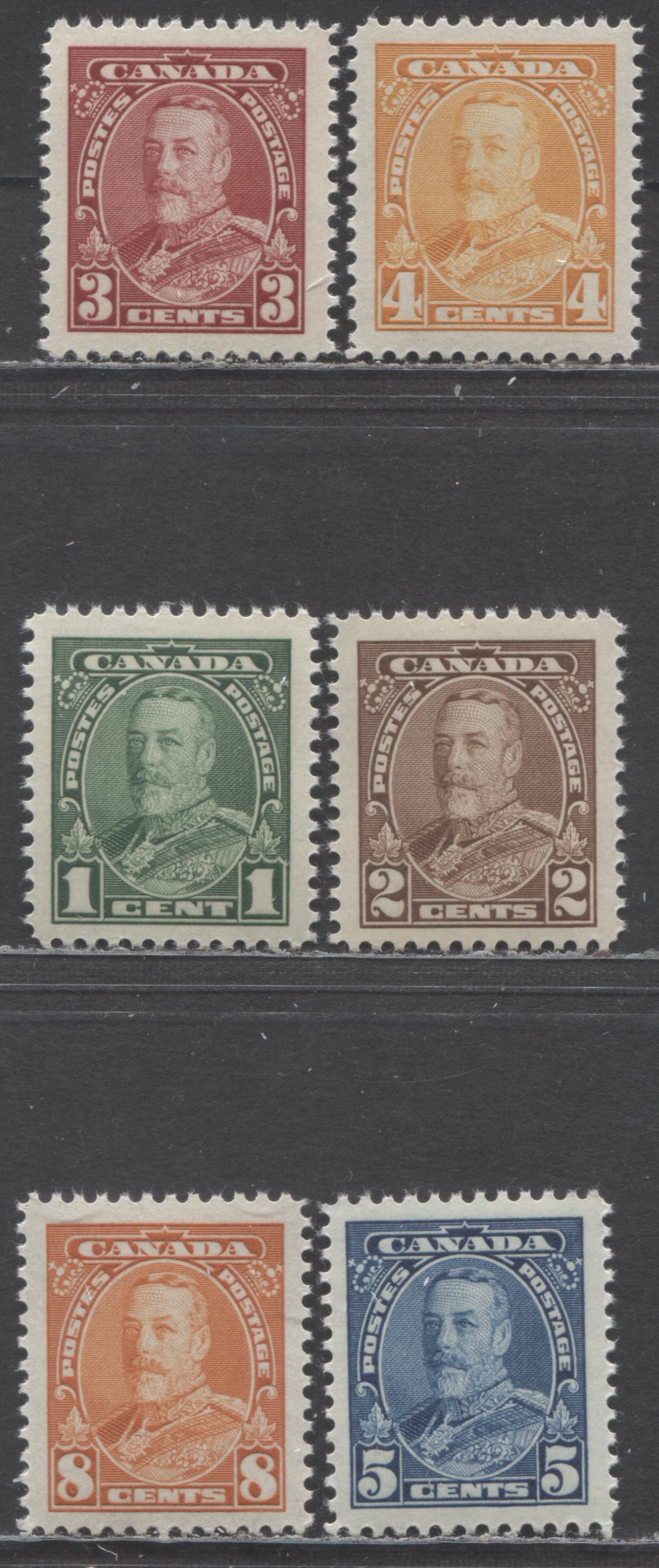 Lot 64 Canada #217-222 1c-8c Green-Deep Orange King George V, 1935 Pictorial Issue, 6 VFNH Singles On Crisp Vertical Wove Paper With Semi Glossy Cream Gum