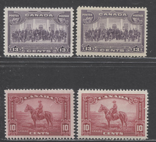 Lot 65 Canada #223-I, 224 10c & 13c Carmine Rose, Deep Rose & Violet RCMP & Charlottetown, 1935 Pictorial Issue, 4 F/VFNH Singles On Vertical Wove Paper With Clear Mesh & Horizontal Ribbed Papers