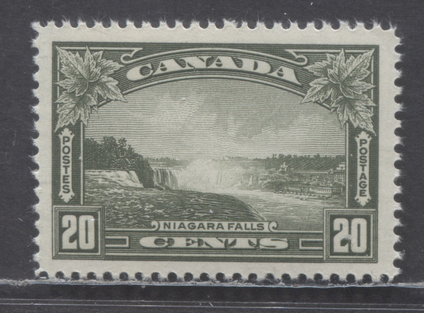 Lot 66A Canada #225var 20c Olive Green Niagara Falls, 1935 Pictorial Issue, A VFNH Single On Horizontal Ribbed Paper With Semi Glossy Cream Gum, Hairline Scratch Through Sky