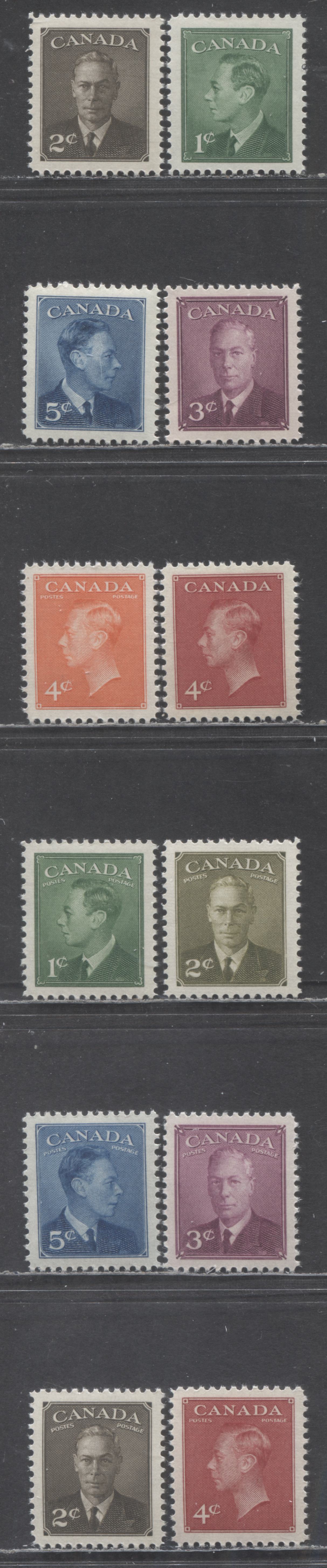 Canada #284-288, 289-293, 305-306 1c/5c Green/Deep Blue King George VI, 1949-1951 Postes Postage & Postes-Postage Omitted Issues, 12 VFNH Singles