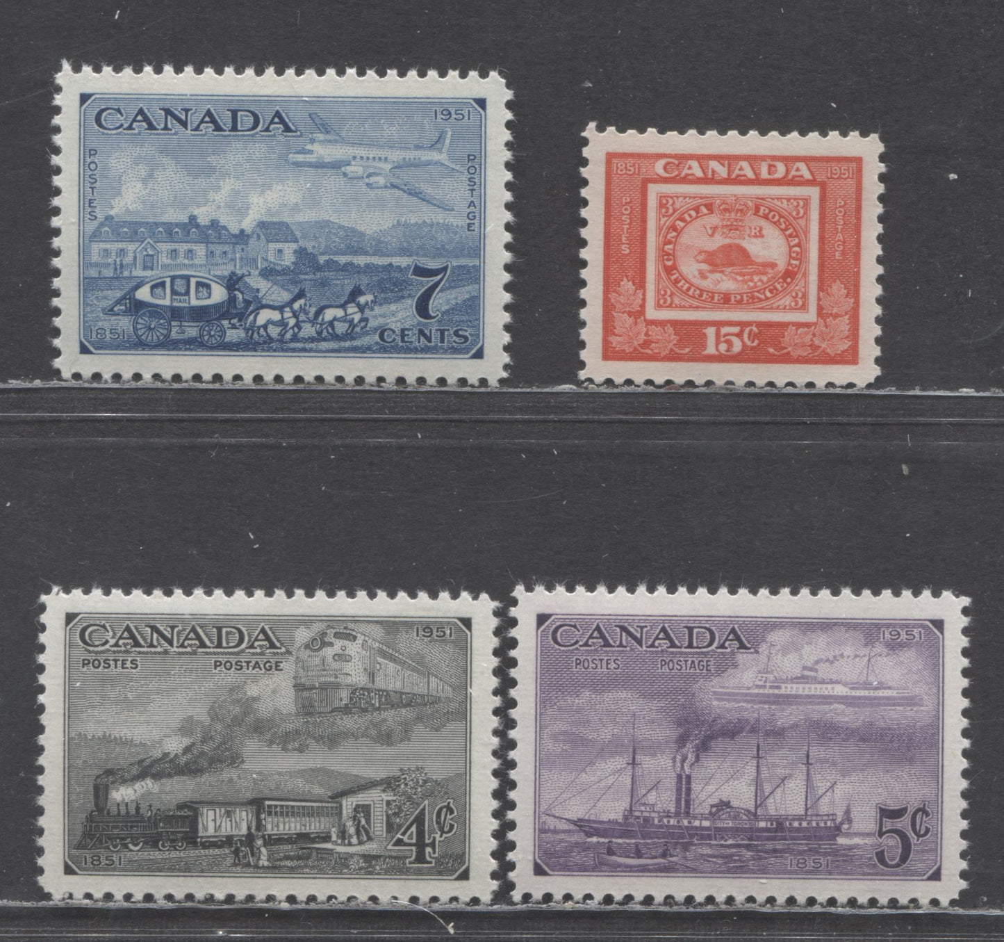 Lot 75 Canada #311-314 4c-15c Dark Gray - Bright Red Trains - Three Penny Beaver, 1951 Stamp Centenary, 4 VFNH Singles