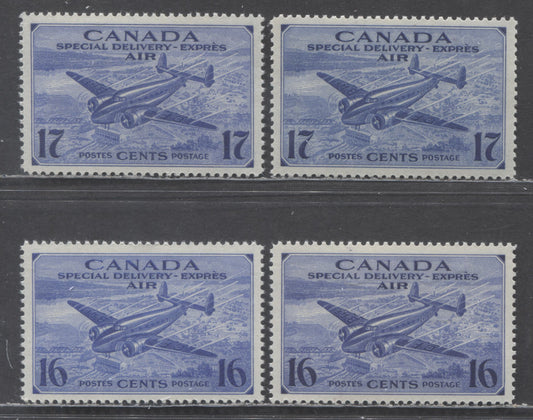 Lot 81 Canada #CE1-CE2 16c & 17c Ultramarine, Bright Ultramarine & Blue Trans-Canada Airplane, 1942-1943 Air Mail Sepcial Delivery Issue, 4 VFNH Singles