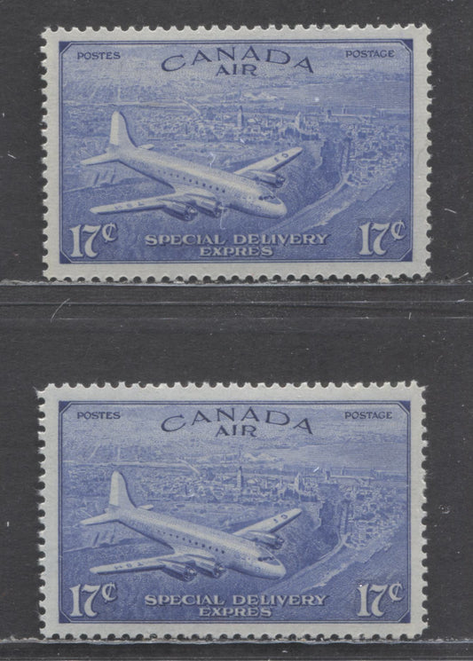 Lot 82 Canada #CE3-CE4 17c Bright Ultramarine Trans-Canada Airplane, 1946 Air Mail Sepcial Delivery Issue, 2 VFNH Singles On Horizontal Ribbed Paper With Satin Cream Gum