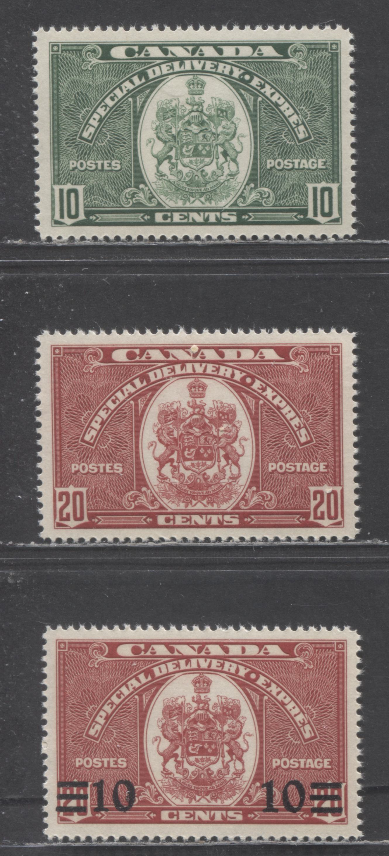 Canada #E7-E9 10c, 20c & 10c on 20c Dark Green & Dark Carmine Coat Of Arms, 1938-1939 Special Delivery Issue, 3 VFNH Singles On Vertical Wove Paper With Yellowish Cream Gum