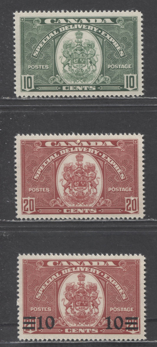 Canada #E7-E9 10c, 20c & 10c on 20c Dark Green & Dark Carmine Coat Of Arms, 1938-1939 Special Delivery Issue, 3 VFNH Singles On Vertical Wove Paper With Yellowish Cream Gum