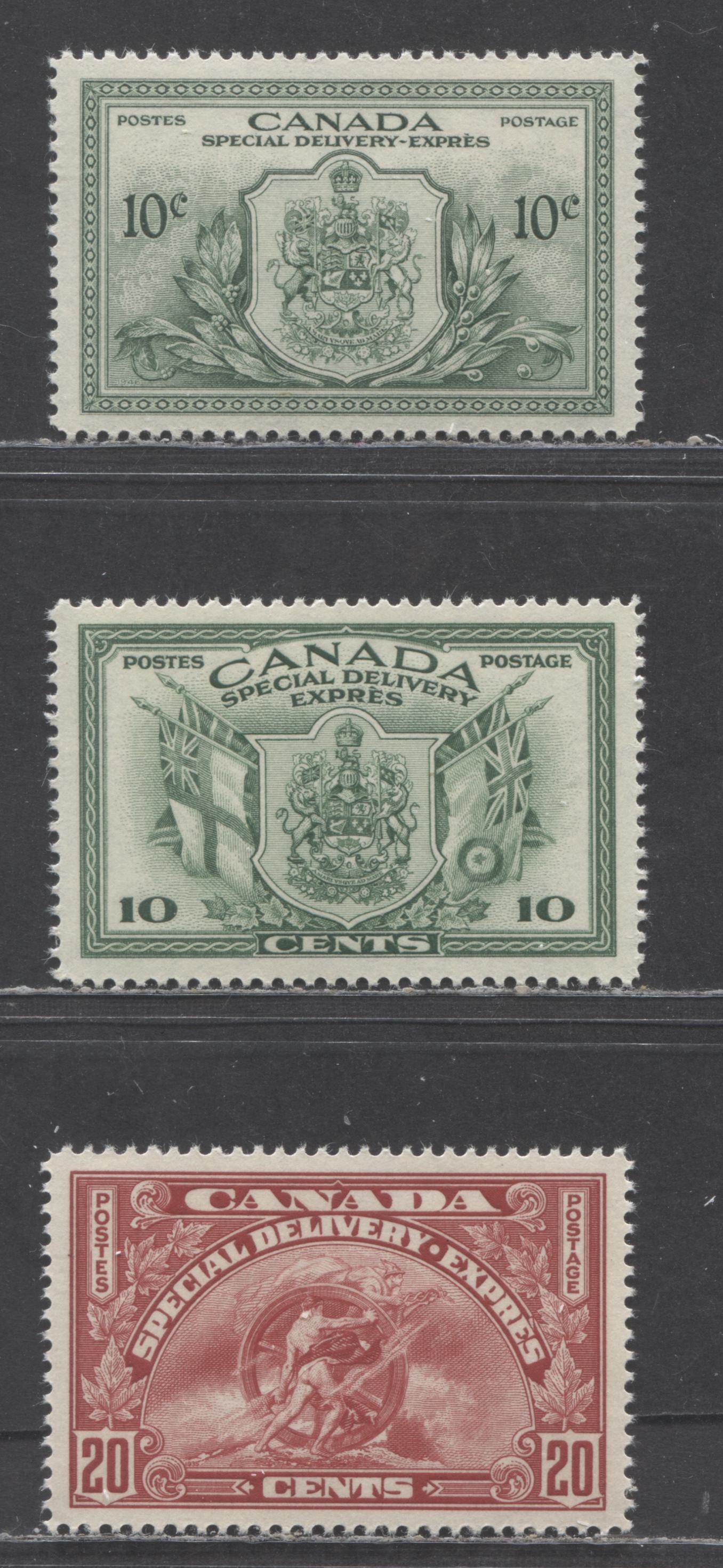 Canada #E6, E10-E11 10c & 20c Dark Carmine & Green Emblem & Flowers and Emblem & Flags, 1935-1946 Special Delivery Issue, 3 VFNH Singles On Vertical Wove Papers With Yellowish Cream Gum & Satin Cream Gum