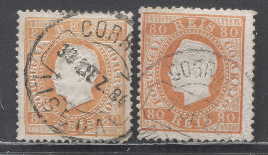 Lot 86 Portugal SC#44e-44f 1870-1884 Embossed King Luiz Issue, On Enamelled Papers, Perfs 12.5 & 13.5, 2 Fine Used SIngles, Click on Listing to See ALL Pictures, Estimated Value $40