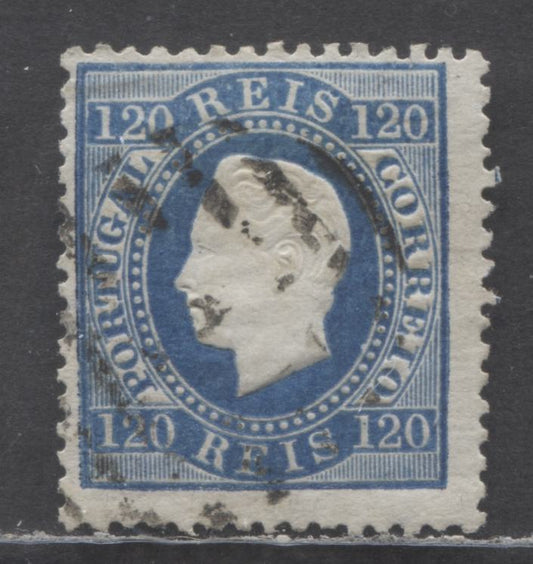 Lot 87 Portugal SC#46 120 Reis Blue 1870-1884 Embossed King Luiz Issue, On Ordinary Paper, Perf 12.5, A Fine Used Single, Click on Listing to See ALL Pictures, Estimated Value $30