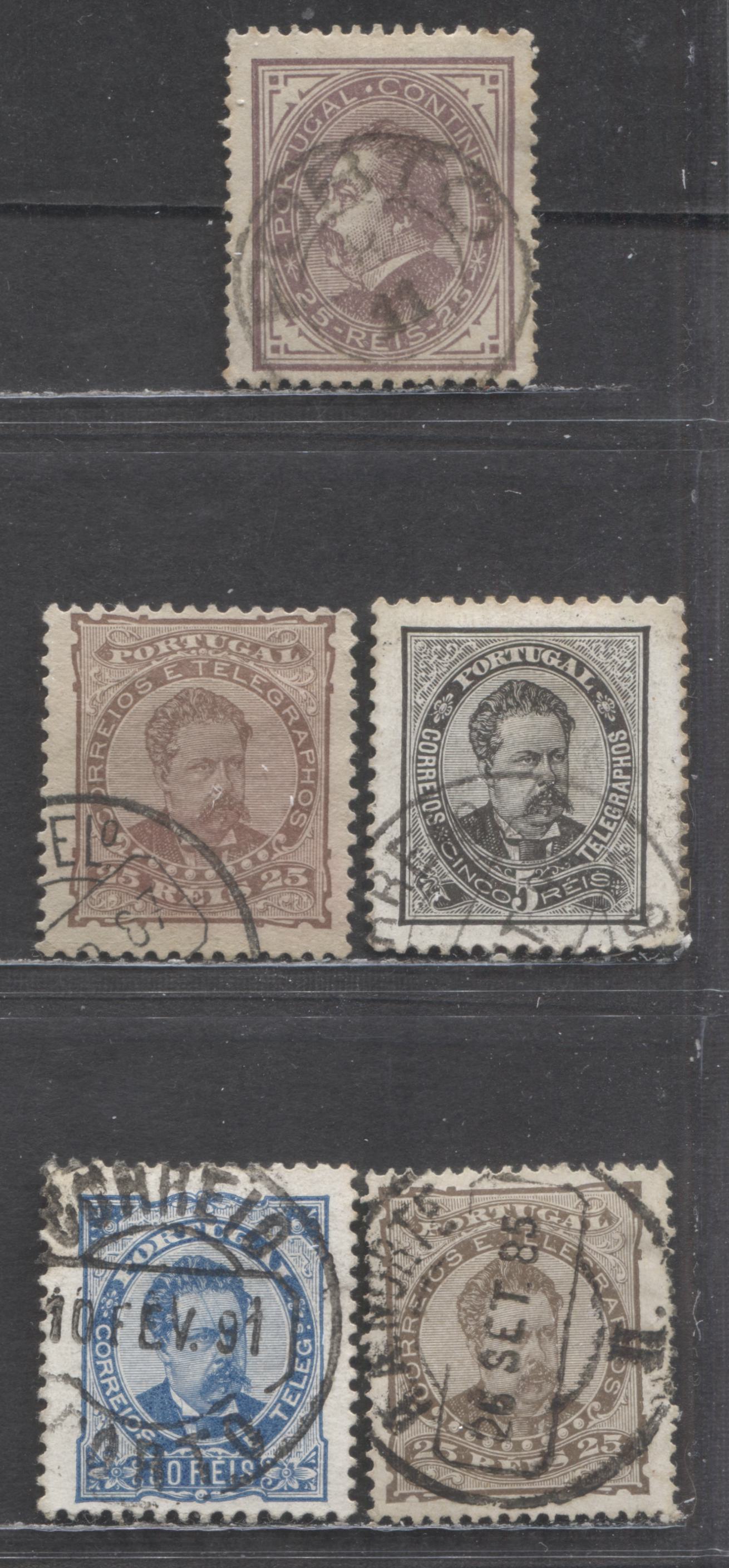 Lot 89 Portugal SC#53/61 1880-1887 King Luiz Issue, On Plain & Enamelled Papers, Surface Printed, 5 Fine Used SIngles, Click on Listing to See ALL Pictures, Estimated Value $8