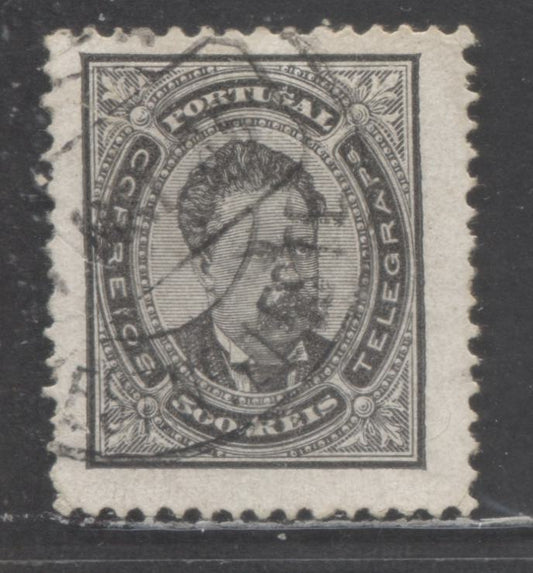 Lot 90 Portugal SC#62 500r Black 1880-1887 King Luiz Issue, Perf 12.5, Unlisted Enamelled Paper, Closed Tear At Upper Left, A Good Used Single, Click on Listing to See ALL Pictures, Estimated Value $30
