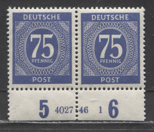 Lot 9 Germany MI#934bbHAN (SC# 553) 75pf Lively Lilac Ultramarine 1946 Numerals Issue, Plate 4027.46-1, Same Under UV, A VFNH Plate Pair, Click on Listing to See ALL Pictures, Estimated Value $25