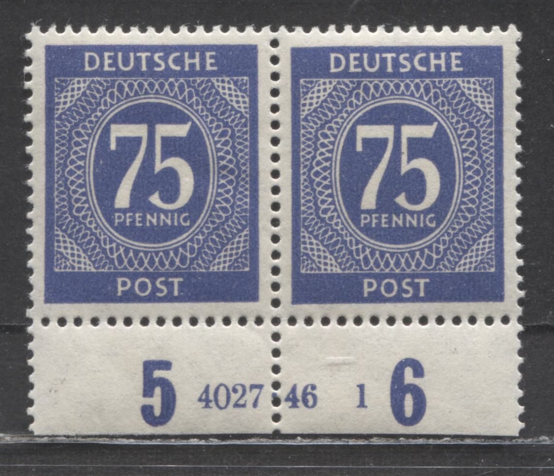 Lot 9 Germany MI#934bbHAN (SC# 553) 75pf Lively Lilac Ultramarine 1946 Numerals Issue, Plate 4027.46-1, Same Under UV, A VFNH Plate Pair, Click on Listing to See ALL Pictures, Estimated Value $25