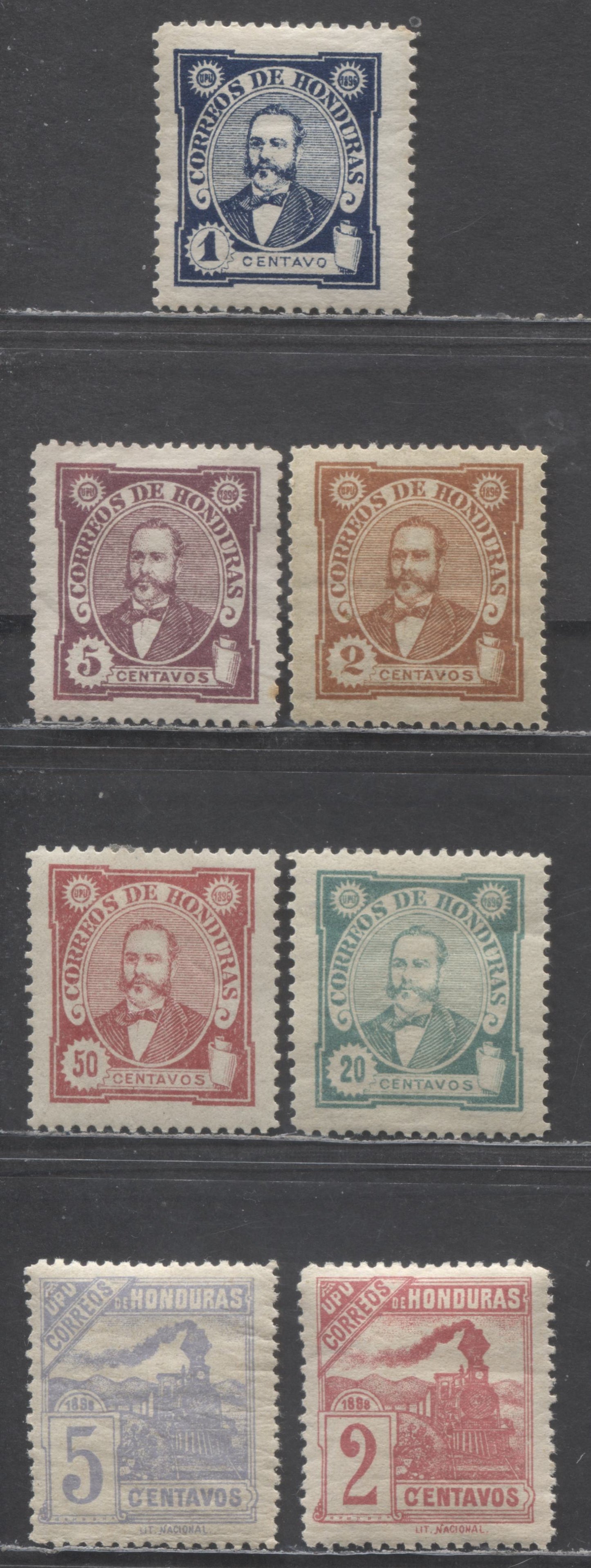 Lot 228 Honduras SC#95/101 1896-1898 President Celio Arias & Trains Issues, All Originals, Not Counterfeits, 7 F/VFOG Singles, Click on Listing to See ALL Pictures, 2022 Scott Classic Cat.  $4.85