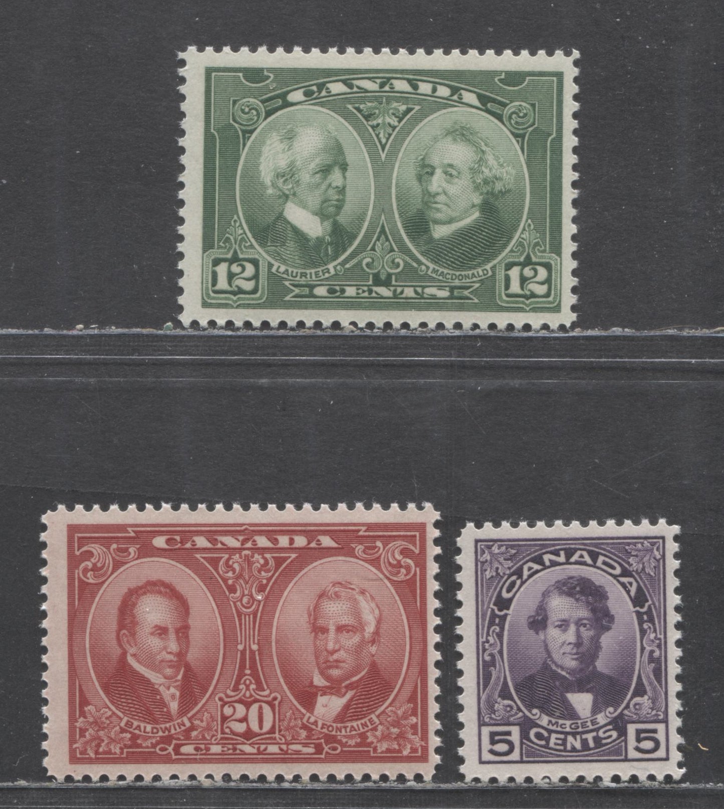Canada #146-148 5c-20c Violet-Brown Carmine Laurier & Macdonald - Baldwin & Lafontaine, 1927 Historical Issue, 3 FNH Singles