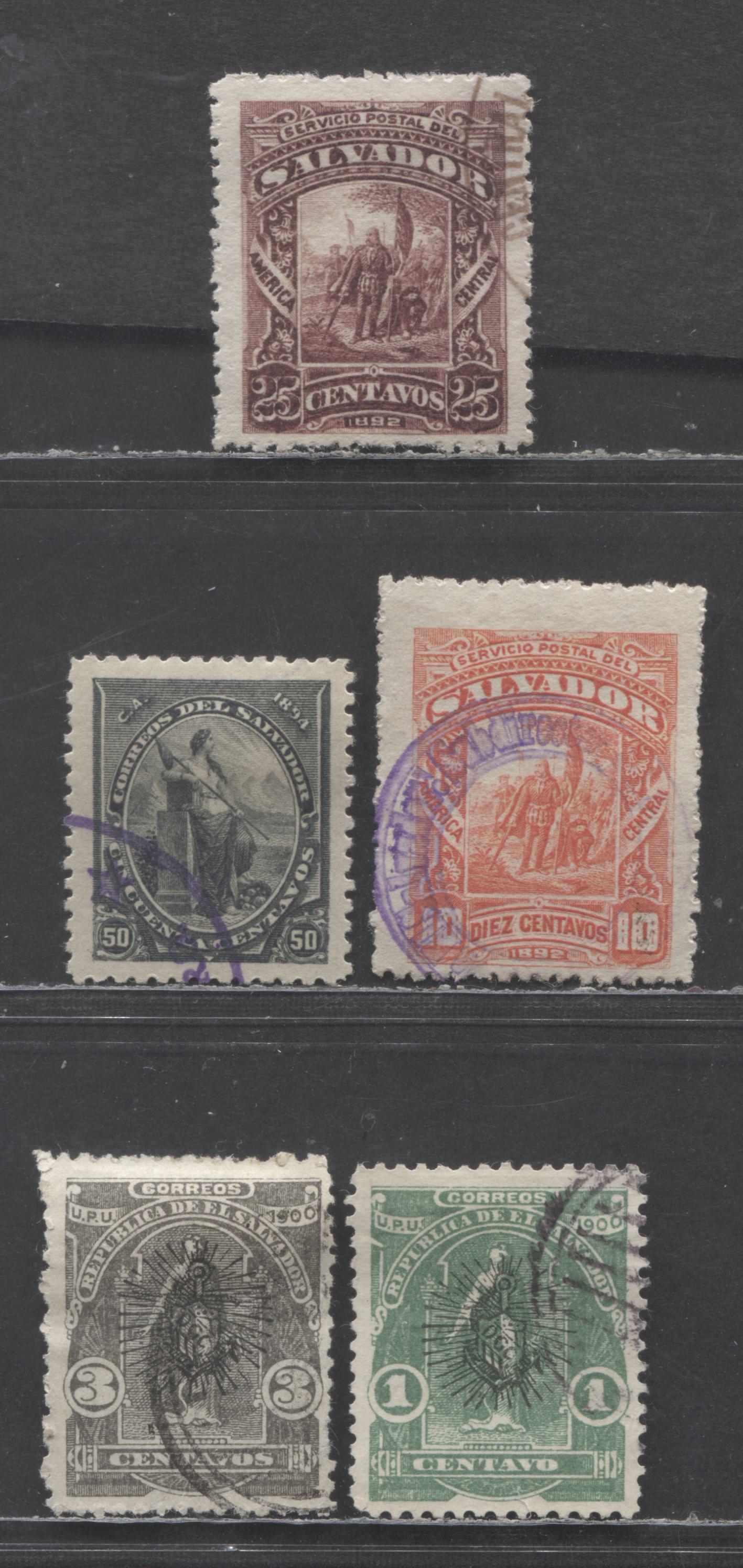 Lot 438 El Salvador SC#64/265 1892-1900 Seebeck Pictorial & Overprinted Issues, Postally Used, 5 Fine/Very Fine Used Singles, Click on Listing to See ALL Pictures, 2022 Scott Classic Cat.  $14.5