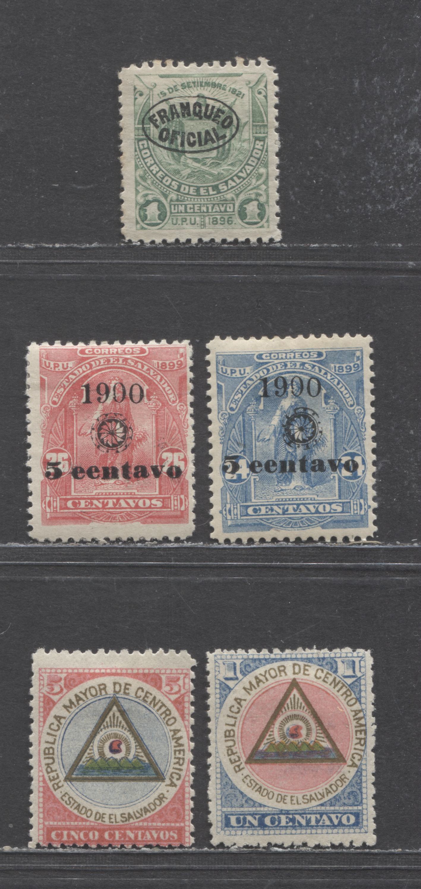 Lot 439 El Salvador SC#175/O49 1896-1900 Arms & Overprinted Ceres Issues, Original Printings, 5 F/VFOG Singles, Click on Listing to See ALL Pictures, Estimated Value $20