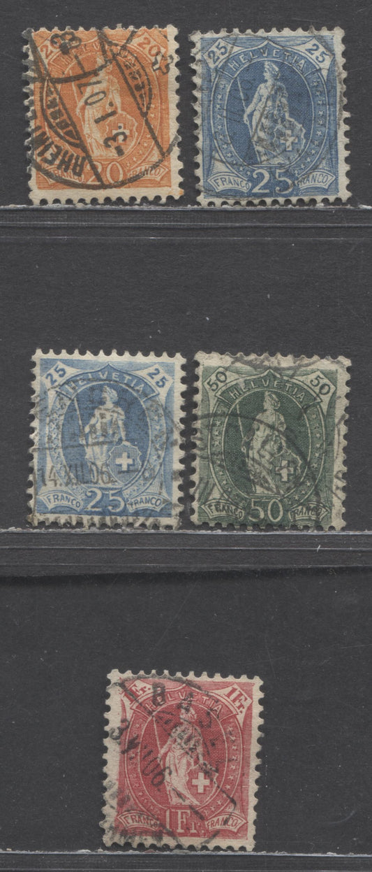 Lot 478 Switzerland SC#105/112 1905 Standing Helvetia Issue, Perf. 11.5 x 11, Watermark Swiss Cross, 5 Fine Used Singles, Click on Listing to See ALL Pictures, Estimated Value $23