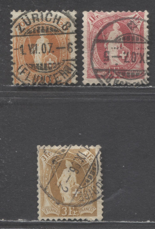 Lot 479 Switzerland SC#105a/111a 1907 Standing Helvetia Issue, Perf. 11.5 x 12, Watermark Swiss Cross, 3 VG Used Singles, Click on Listing to See ALL Pictures, Estimated Value $85