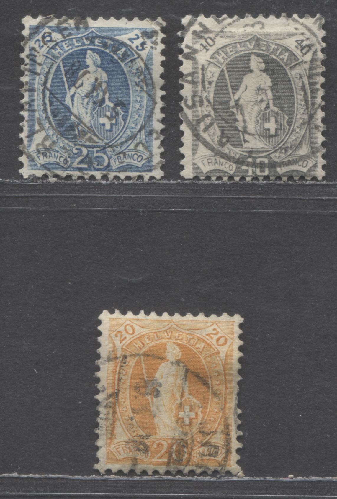 Lot 480 Switzerland SC#119/122 1907 Standing Helvetia Issue, Perf. 11.5 x 12, Watermark Swiss Cross, Granite Paper, 3 Fine Used Singles, Click on Listing to See ALL Pictures, Estimated Value $53