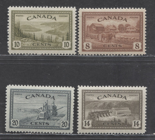 Lot 52 Canada #268-271 8c-20c Red Brown - Slate Black Eastern Farm Scene - Combine Harvesting, 1946 KGVI Peace Issue, 4 VFNH Singles On Horizontal Ribbed Papers With Cream Gum