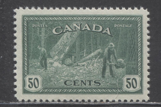 Lot 53 Canada #272 50c Dark Blue Green Logging, 1946 KGVI Peace Issue, A VFNH Single On Horizontal Ribbed Papers With Cream Gum