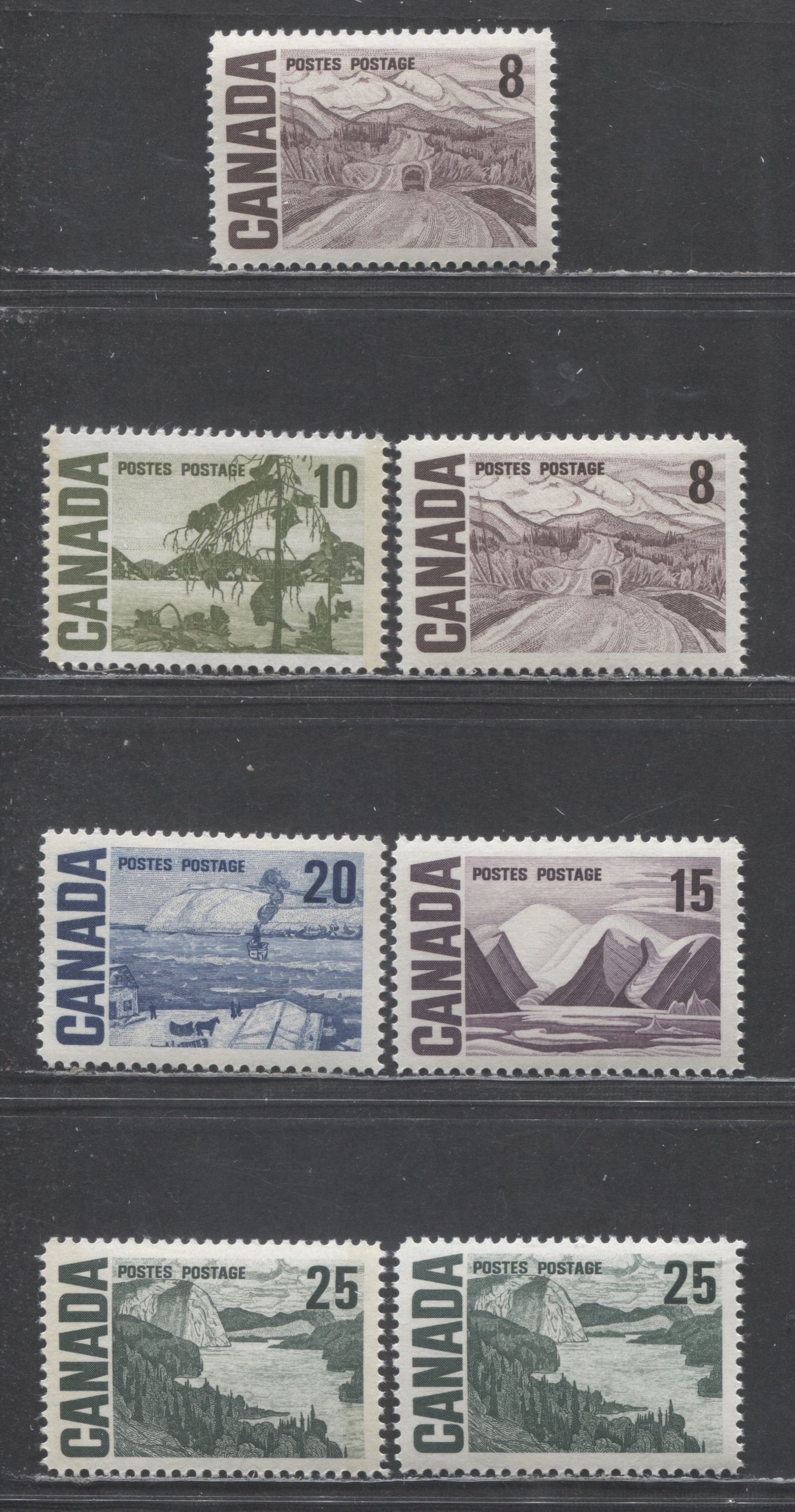 Lot 57 Canada #461/465p 8c/25c Violet Brown-Slate Green Alaska Highway - Solemn Land, 1967-1973 Centennial High Value Definitives, 7 VFNH Singles On DF & LF Papers, Tagged & Untagged