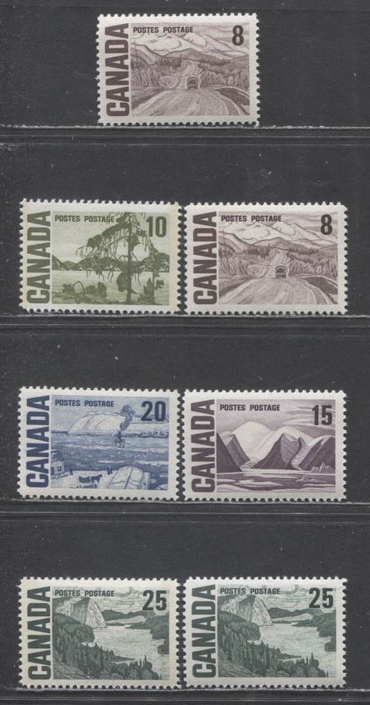 Lot 57 Canada #461/465p 8c/25c Violet Brown-Slate Green Alaska Highway - Solemn Land, 1967-1973 Centennial High Value Definitives, 7 VFNH Singles On DF & LF Papers, Tagged & Untagged