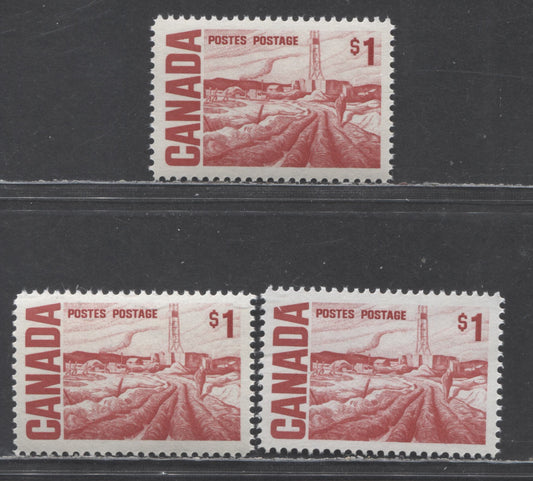 Lot 135 Canada #465B,Bv,Biii $1 Carmine Rose Edmonton Oil Field, 1967-1973 Centennial High Value Definitives, 3 VFNH Singles On DF, LF & LF-fl Papers With Dex & PVA Gums