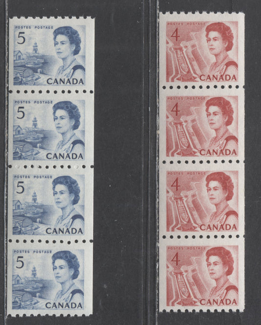 Lot 64 Canada #467i, 468 4c & 5c Carmine Rose & Blue Queen Elizabeth II, 1967-1973 Centennial Definitives Coils, 2 VFNH Coil Strips Of 4 On LF-fl Paper