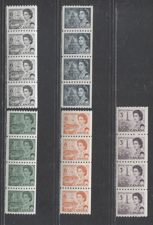 Lot 65 Canada #466, 468A-B, 549, 550pv 3c/8c Dull Purple - Slate Queen Elizabeth II, 1967-1973 Centennial Definitives Coils, 5 VFNH Coil Strips Of 4 On DF & HB Papers, The 8c Strip Is Tagged