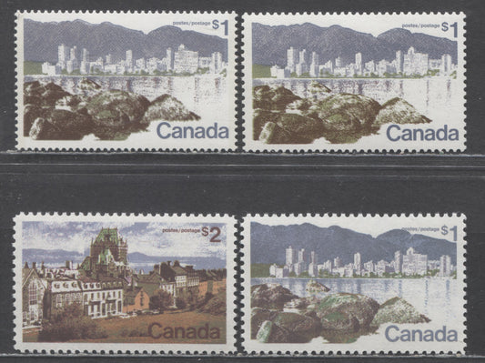 Lot 66 Canada #599iii, ai, 600, 601 $1 & $2 Multicolored Vancouver & Quebec, 1972-1977 Landscape Definitives, 4 VFNH Singles, LF-fl, DF andf DF-fl Papers
