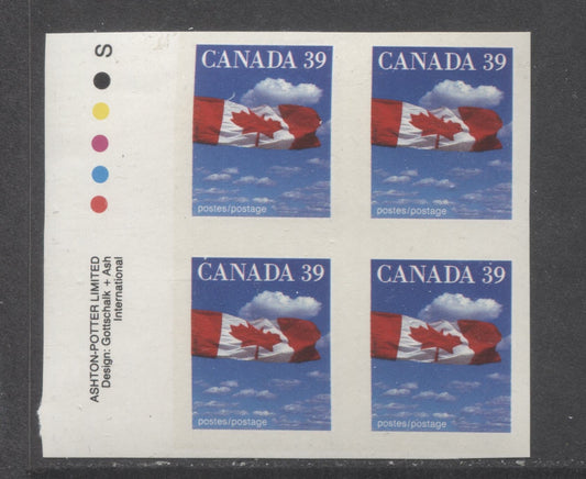 Lot 68 Canada #1166d 39c Multicolored Flag, 1989 Mammal/Flag Issue, A VFNH Imperf Plate Block Of 4 From Booklet Pane On Slater Paper