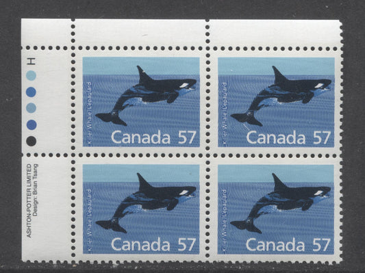 Lot 69 Canada #1173i 57c Multicolored Killer Whale, 1989 Mammal Definitives, A VFNH UL Inscription Block Of 4 on The Scarcer Harrison Paper