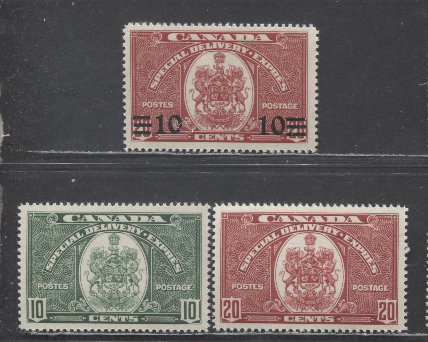 Lot 73 Canada #E7-E9 10c, 20c & 10c on 20c Dark Green & Dark Carmine, 1938-1939 Special Delivery Issue, 3 F/VFNH Singles On Vertical Wove Paper With Cream Gum