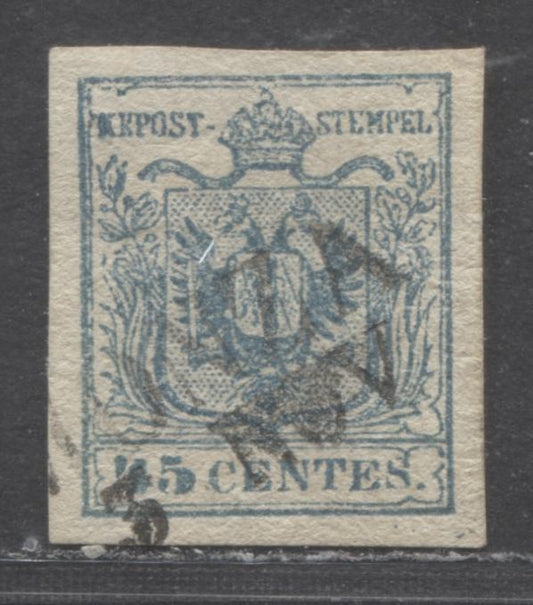 Lot 87 Lombardy - Venetia SC#6a 45c Blue 1850 Arms Issue, Type 1, On Handmade Paper, A Very Fine Used Single, Click on Listing to See ALL Pictures, 2022 Scott Classic Cat. $57.50